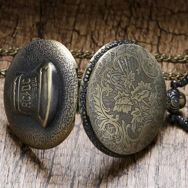 Planet Gates China Bell ACDC Pattern Quartz Pocket Watch Unisex Stainless Steel Case Arabic Numerals White Dial Necklace Chain Gifts