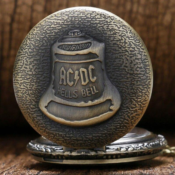 Planet Gates China Bell ACDC Pattern Quartz Pocket Watch Unisex Stainless Steel Case Arabic Numerals White Dial Necklace Chain Gifts