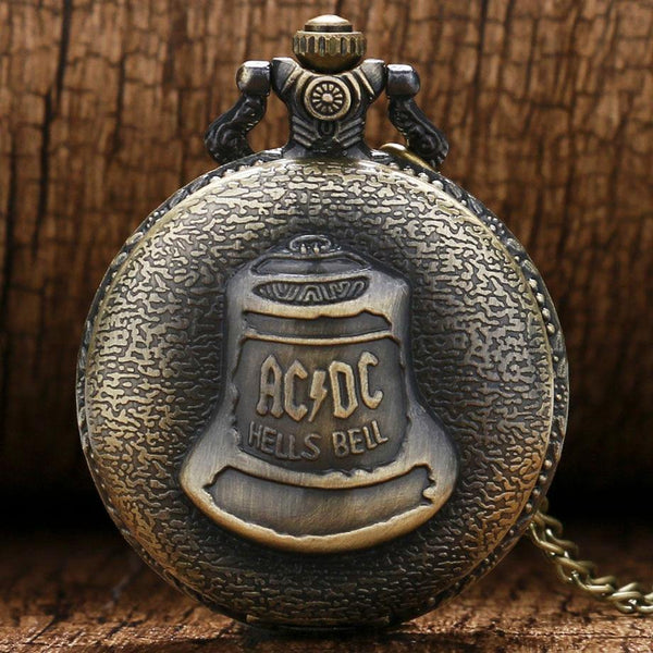 Planet Gates China Bell ACDC Pattern Quartz Pocket Watch Unisex Stainless Steel Case Arabic Numerals White Dial Necklace Chain Gifts