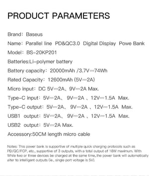 Planet Gates China / Black Baseus 20000mAh Power Bank For iPhone Huawei Powerbank USB Type C PD + Quick Charger 3.0 Fast Charging External Battery Pack