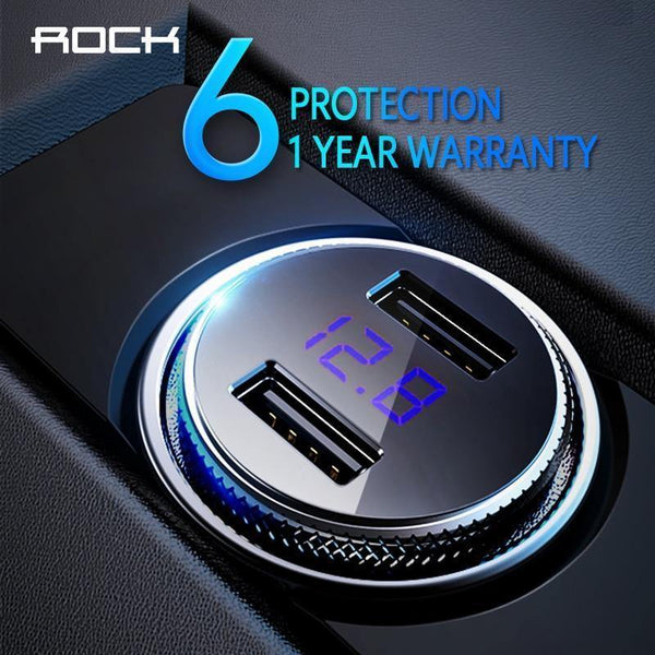 Planet Gates China / Black Car Charger ROCK Mini Dual USB Car Charger LED Display Universal 3.4A Mobile Phone Tablet Fast Charging Usb Charger for Car 2 Usb Adapter