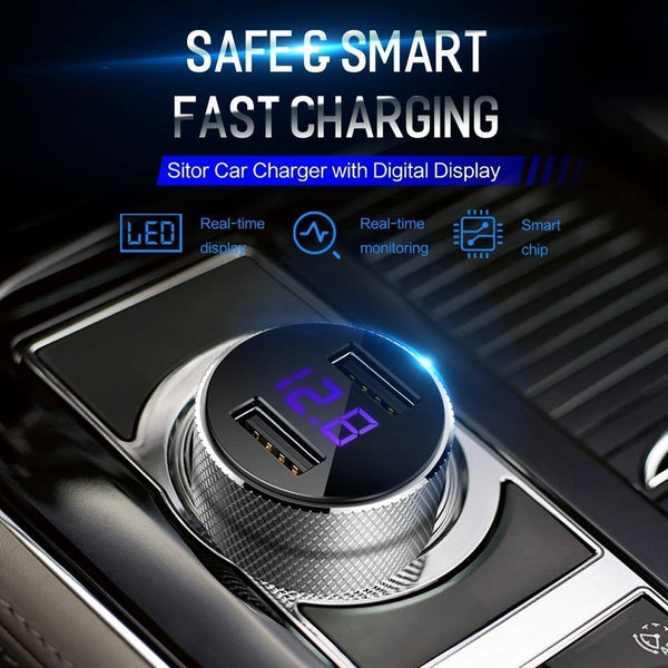 Planet Gates China / Black Car Charger ROCK Mini Dual USB Car Charger LED Display Universal 3.4A Mobile Phone Tablet Fast Charging Usb Charger for Car 2 Usb Adapter