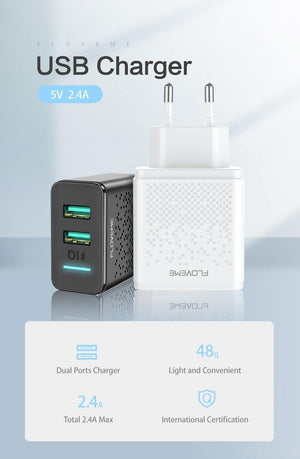 Planet Gates China / Black EU Plug FLOVEME Dual USB Charger for iPhone X 7 8 iPad 5V 2.4A Fast Charging Wall Phone Charger for Xiaomi Huawei Mate 20 Pro EU Adapter
