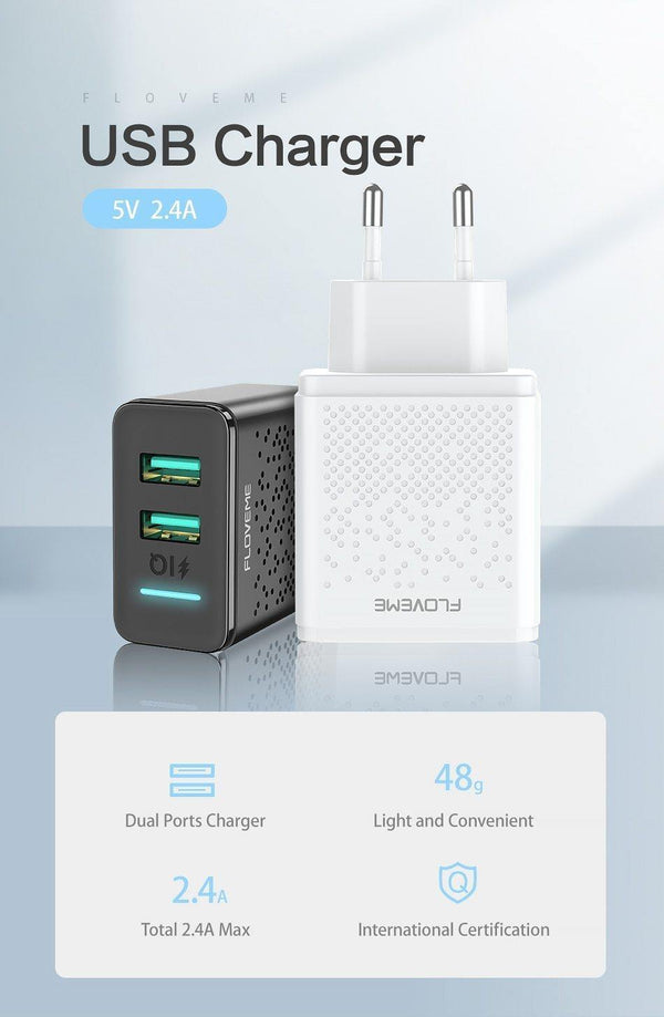 Planet Gates China / Black EU Plug FLOVEME Dual USB Charger for iPhone X 7 8 iPad 5V 2.4A Fast Charging Wall Phone Charger for Xiaomi Huawei Mate 20 Pro EU Adapter