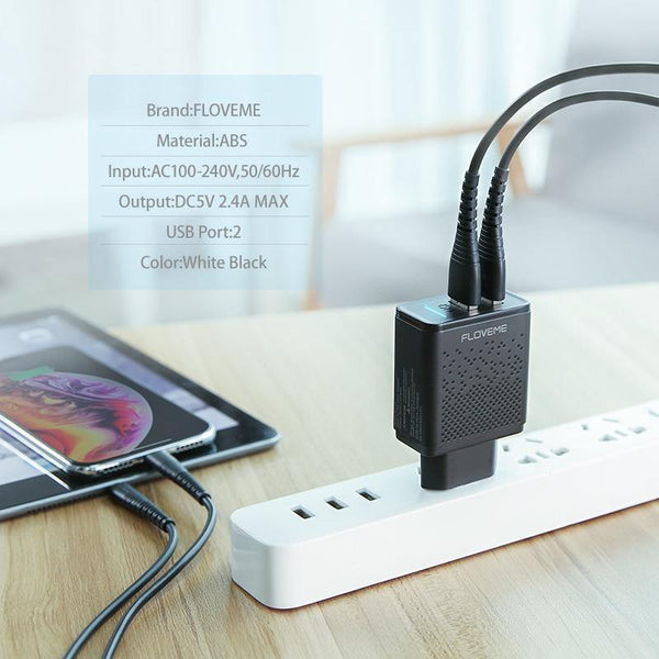 Planet Gates China / Black EU Plug FLOVEME Dual USB Charger for iPhone X 7 8 iPad 5V 2.4A Fast Charging Wall Phone Charger for Xiaomi Huawei Mate 20 Pro EU Adapter