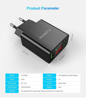 Planet Gates China / Black EU Plug FLOVEME USB Charger 2 Ports LED Display Smart Mobile Phone Charger For iPhone Samsung Xiaomi Tablet Wall Travel Adapter EU Plug