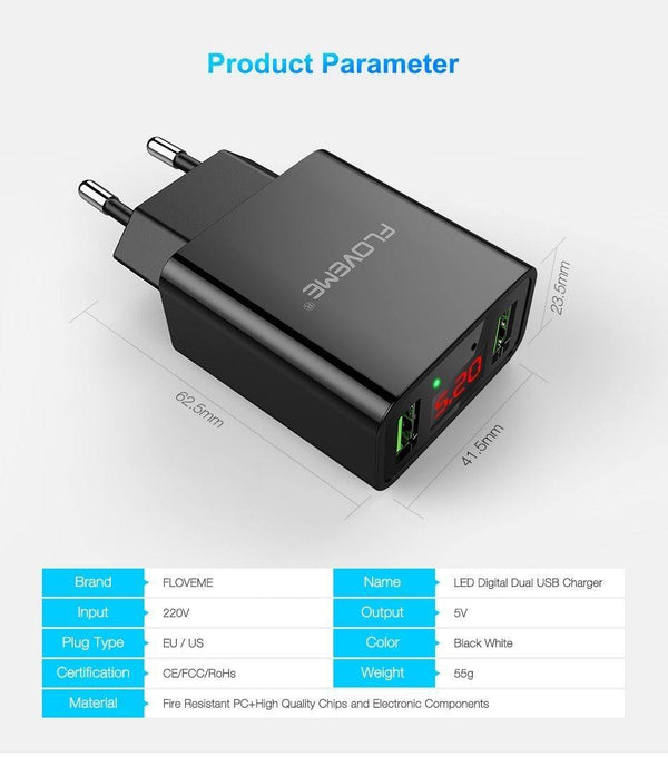 Planet Gates China / Black EU Plug FLOVEME USB Charger 2 Ports LED Display Smart Mobile Phone Charger For iPhone Samsung Xiaomi Tablet Wall Travel Adapter EU Plug