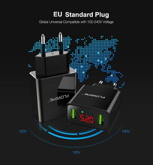 Planet Gates China / Black EU Plug FLOVEME USB Charger 2 Ports LED Display Smart Mobile Phone Charger For iPhone Samsung Xiaomi Tablet Wall Travel Adapter EU Plug