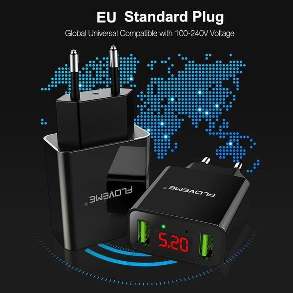 Planet Gates China / Black EU Plug FLOVEME USB Charger 2 Ports LED Display Smart Mobile Phone Charger For iPhone Samsung Xiaomi Tablet Wall Travel Adapter EU Plug