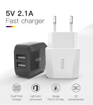 Planet Gates China / Black  EU Plug PZOZ Dual USB Charger 2a Fast Charging Travel EU Plug Adapter portable Wall charger Mobile Phone cable For iphone Samsung xiaomi