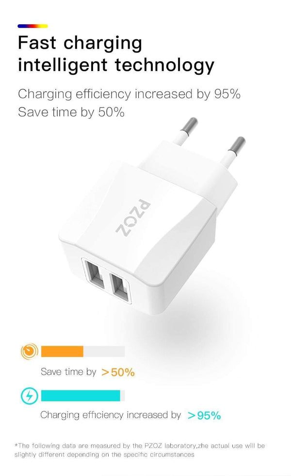 Planet Gates China / Black  EU Plug PZOZ Dual USB Charger 2a Fast Charging Travel EU Plug Adapter portable Wall charger Mobile Phone cable For iphone Samsung xiaomi