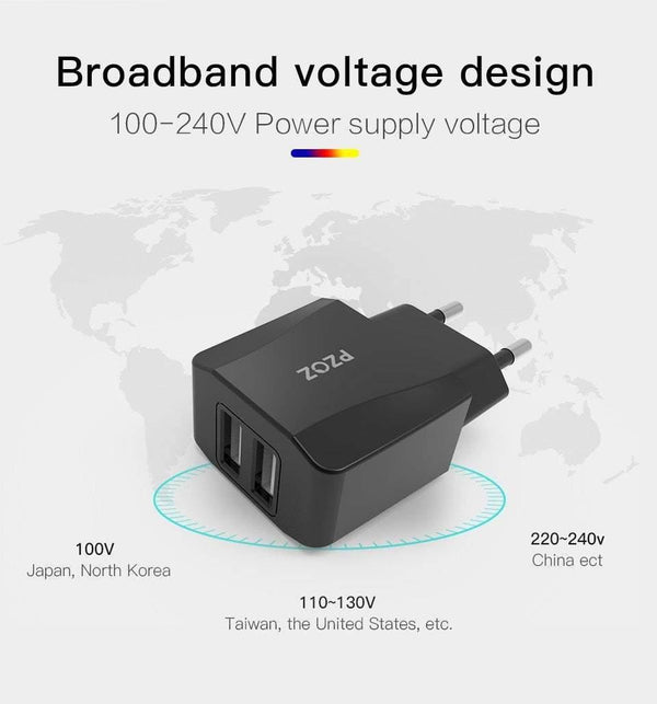 Planet Gates China / Black  EU Plug PZOZ Dual USB Charger 2a Fast Charging Travel EU Plug Adapter portable Wall charger Mobile Phone cable For iphone Samsung xiaomi