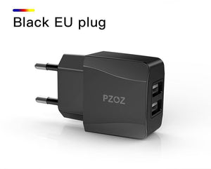 Planet Gates China / Black  EU Plug PZOZ Dual USB Charger 2a Fast Charging Travel EU Plug Adapter portable Wall charger Mobile Phone cable For iphone Samsung xiaomi