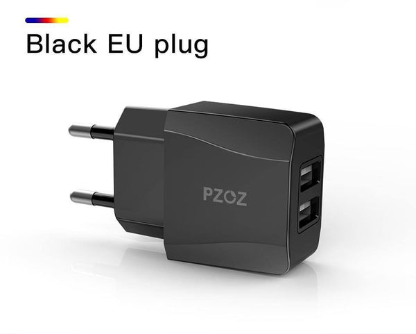 Planet Gates China / Black  EU Plug PZOZ Dual USB Charger 2a Fast Charging Travel EU Plug Adapter portable Wall charger Mobile Phone cable For iphone Samsung xiaomi