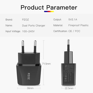 Planet Gates China / Black  EU Plug PZOZ Dual USB Charger 2a Fast Charging Travel EU Plug Adapter portable Wall charger Mobile Phone cable For iphone Samsung xiaomi