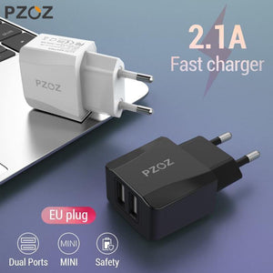 Planet Gates China / Black  EU Plug PZOZ Dual USB Charger 2a Fast Charging Travel EU Plug Adapter portable Wall charger Mobile Phone cable For iphone Samsung xiaomi