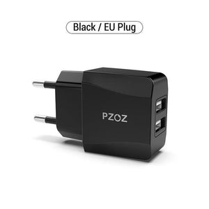 Planet Gates China / Black  EU Plug PZOZ Dual USB Charger 2a Fast Charging Travel EU Plug Adapter portable Wall charger Mobile Phone cable For iphone Samsung xiaomi