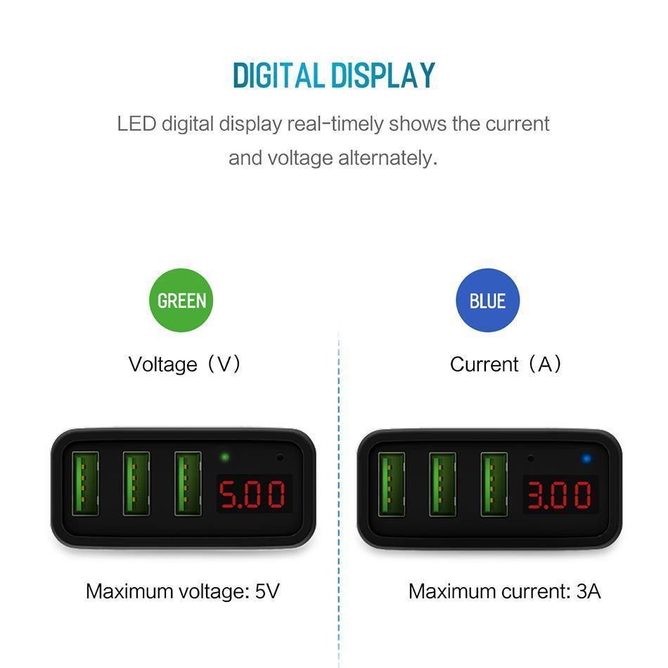 Planet Gates China / Black EU Plug ROCK 3A LED Display EU 3 USB Charger Universal Mobile Phone USB Charger Fast Charging Wall Charger For iPhone Samsung Xiaomi