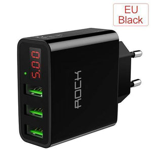 Planet Gates China / Black EU Plug ROCK 3A LED Display EU 3 USB Charger Universal Mobile Phone USB Charger Fast Charging Wall Charger For iPhone Samsung Xiaomi