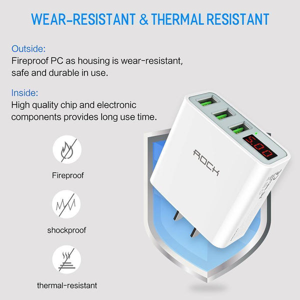 Planet Gates China / Black EU Plug ROCK 3A LED Display EU 3 USB Charger Universal Mobile Phone USB Charger Fast Charging Wall Charger For iPhone Samsung Xiaomi