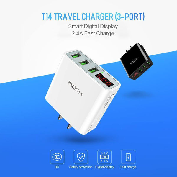 Planet Gates China / Black EU Plug ROCK 3A LED Display EU 3 USB Charger Universal Mobile Phone USB Charger Fast Charging Wall Charger For iPhone Samsung Xiaomi