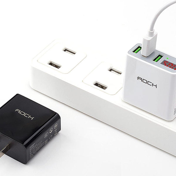 Planet Gates China / Black EU Plug ROCK 3A LED Display EU 3 USB Charger Universal Mobile Phone USB Charger Fast Charging Wall Charger For iPhone Samsung Xiaomi
