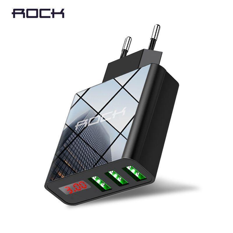 Planet Gates China / Black EU Plug ROCK 3A LED Display EU 3 USB Charger Universal Mobile Phone USB Charger Fast Charging Wall Charger For iPhone Samsung Xiaomi