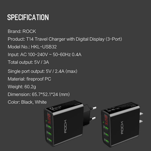 Planet Gates China / Black EU Plug ROCK 3A LED Display EU 3 USB Charger Universal Mobile Phone USB Charger Fast Charging Wall Charger For iPhone Samsung Xiaomi