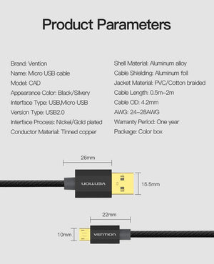 Planet Gates China / Black Gold Plated / 0.5m Vention Micro USB Fast Charger Cable USB Data Cable Mobile Phone Cable for Samsung Galaxy S4 HTC LG Android Smartphone Microusb