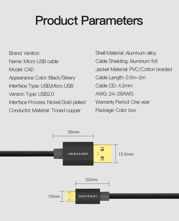 Planet Gates China / Black Gold Plated / 0.5m Vention Micro USB Fast Charger Cable USB Data Cable Mobile Phone Cable for Samsung Galaxy S4 HTC LG Android Smartphone Microusb