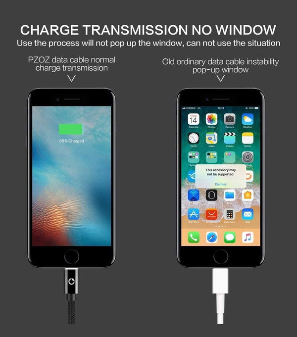 Planet Gates China / Black LED / 1M PZOZ LED Light Cable Fast Charger Mobile Phone 8 Pin USB Cable For iphone Xs Max Xr 6 s Plus X 8 7 5 SE 6s iPad charging cord 2m