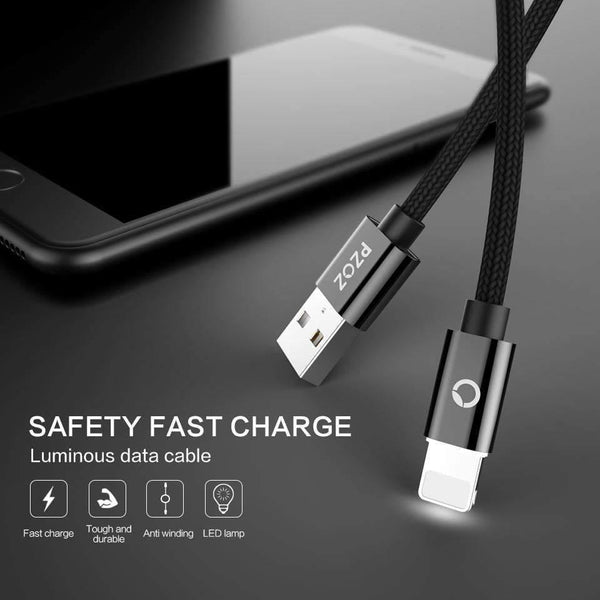 Planet Gates China / Black LED / 1M PZOZ LED Light Cable Fast Charger Mobile Phone 8 Pin USB Cable For iphone Xs Max Xr 6 s Plus X 8 7 5 SE 6s iPad charging cord 2m