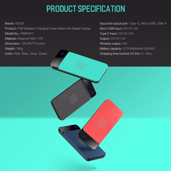 Planet Gates China / Blue ROCK QI Wireless Charger Power Bank 8000mah with Digital Display 5V 2A 5W External Battery Powerbank for iphone X Samsung Xiaomi