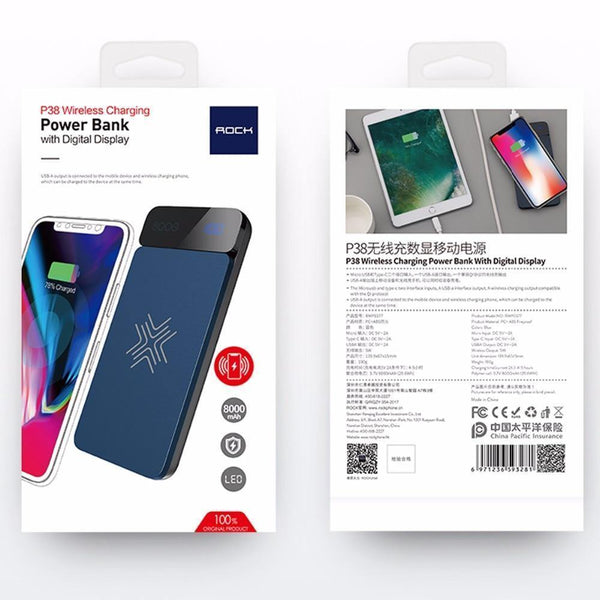 Planet Gates China / Blue ROCK QI Wireless Charger Power Bank 8000mah with Digital Display 5V 2A 5W External Battery Powerbank for iphone X Samsung Xiaomi