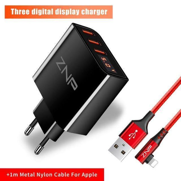 Planet Gates China / EU / 3-Black IP Cable LED Display 3 4 USB Charger, ZNP Universal Mobile Phone USB Charger Fast Charging Wall Charger For iPhone Samsung Xiaomi 3.4A