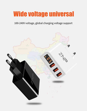 Planet Gates China / EU / 4-White LED Display 3 4 USB Charger, ZNP Universal Mobile Phone USB Charger Fast Charging Wall Charger For iPhone Samsung Xiaomi 3.4A