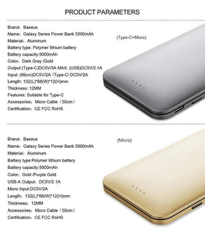 Planet Gates China / Gold Baseus 5000mAh Power Bank Dual USB Input fast Charge Portable External Battery Charging For iphone 7 samsung S8 huawei xiaomi