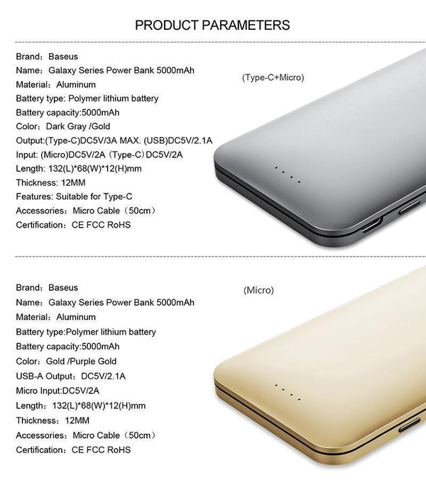 Planet Gates China / Gold Baseus 5000mAh Power Bank Dual USB Input fast Charge Portable External Battery Charging For iphone 7 samsung S8 huawei xiaomi