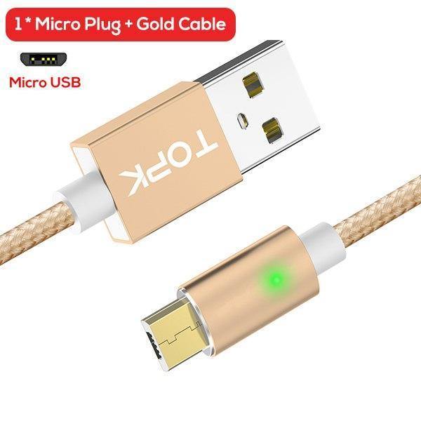 Planet Gates China / Gold Cable / 1m TOPK 1M(3.3ft) FLine-Mini LED Magnetic Cable for Samsung S7 Micro USB Devices Mobile Phone Cable Magnet Charger Microusb Cable