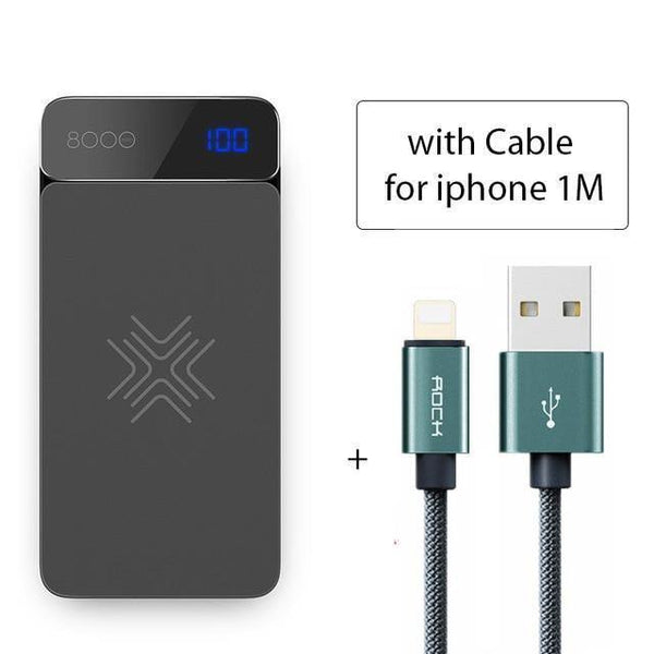 Planet Gates China / Gray IOS Cable ROCK 8000mAh QI Wireless Charger Power Bank 2A Portable External Battery Charger Powerbank For iPhone X 8 Samsung