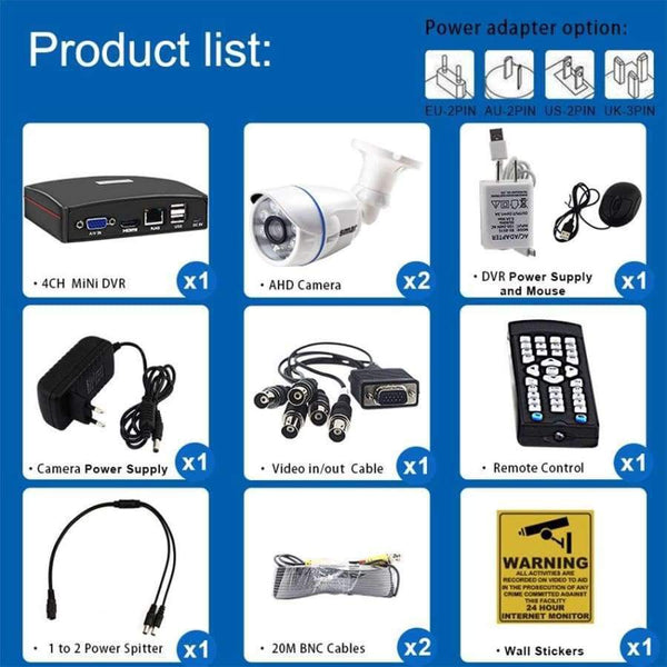 Planet Gates China / None / AU Plug, Black Smar 4CH 1080N 5 in 1 AHD DVR Kit CCTV System 2PCS 720P/1080P IR AHD Camera Outdoor Waterproof Day & Night Security Camera Kit