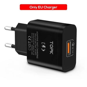 Planet Gates China / Only EU Charger TOPK 18W Quick Charge 3.0 USB Charger for Samsung Xiaomi Huawei OnePlus LG Mobile Phone Charger With Fast USB Charging Cable