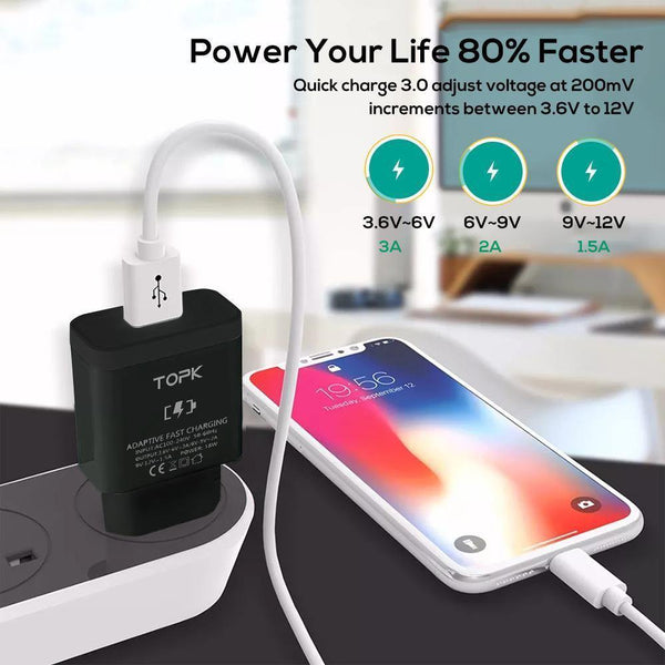 Planet Gates China / Only Micro Cable TOPK 18W Quick Charge 3.0 USB Charger for Samsung Xiaomi Huawei OnePlus LG Mobile Phone Charger With Fast USB Charging Cable