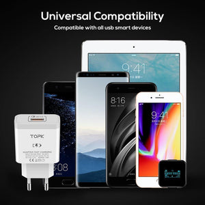 Planet Gates China / Only Micro Cable TOPK Mobile Phone Charger 18W Quick Charge 3.0 Fast USB Charger EU Plug Wall Travel Adapter for Samsung Galaxy S9/S8 Xiaomi LG
