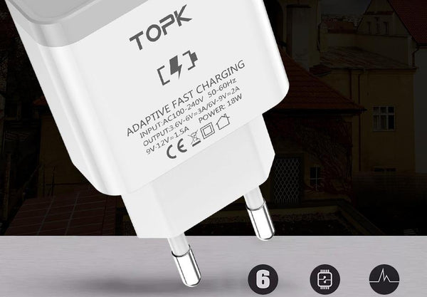 Planet Gates China / Only Micro Cable TOPK Mobile Phone Charger 18W Quick Charge 3.0 Fast USB Charger EU Plug Wall Travel Adapter for Samsung Galaxy S9/S8 Xiaomi LG