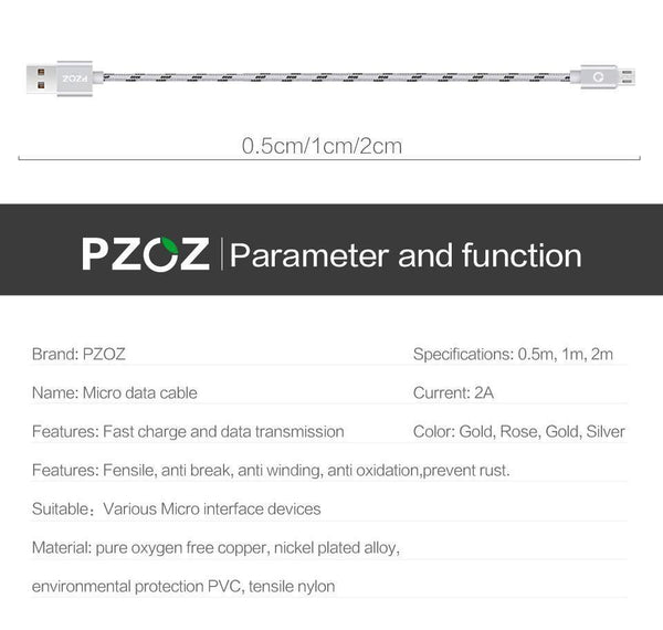 Planet Gates China / Rose gold / 2m PZOZ Micro USB Cable Fast Charging Phone Charger adapter Data Cabel For Samsung Xiaomi Huawei MEIZU SONY Android Charge Microusb