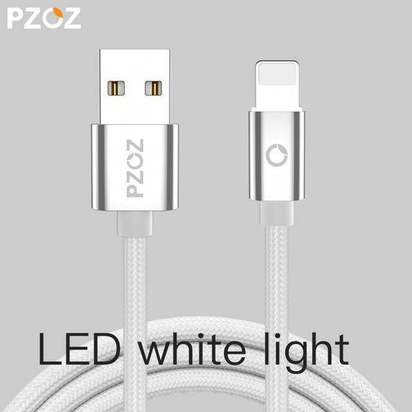 Planet Gates China / Silver LED / 1M PZOZ LED Light Cable Fast Charger Mobile Phone 8 Pin USB Cable For iphone Xs Max Xr 6 s Plus X 8 7 5 SE 6s iPad charging cord 2m
