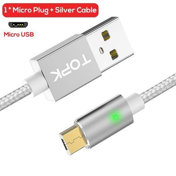 Planet Gates China / Sliver Cable / 1m TOPK 1M(3.3ft) FLine-Mini LED Magnetic Cable for Samsung S7 Micro USB Devices Mobile Phone Cable Magnet Charger Microusb Cable
