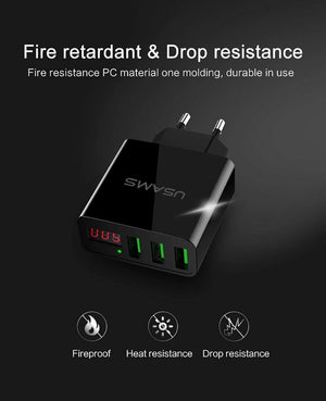 Planet Gates China / US 3USB Black USAMS 2/3 Port USB Phone Charger LED Display EU/US Plug The Max 2.4A Smart Fast Charging Mobile Wall Charger for iPhone iPad