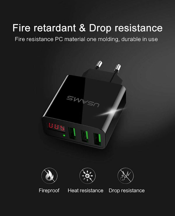 Planet Gates China / US 3USB Black USAMS 2/3 Port USB Phone Charger LED Display EU/US Plug The Max 2.4A Smart Fast Charging Mobile Wall Charger for iPhone iPad